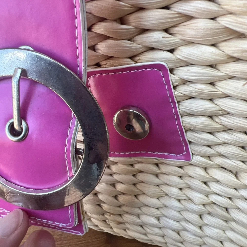 Pink Straw Satchel Bag Purse Tote Basket Bucket Retro Flower Lining Snap Flap